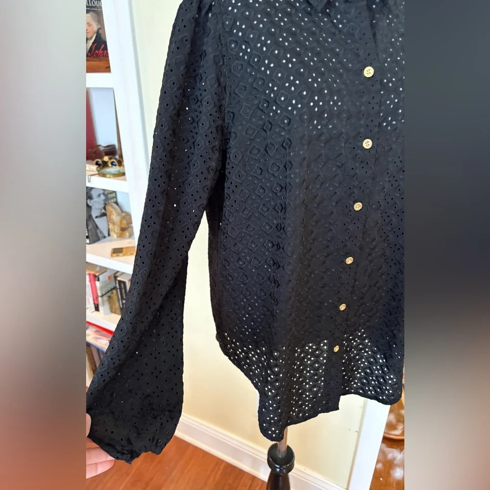 Lilly Pulitzer Top Black Sea Breeze Eyelet Long Sleeves Blouse SZ XL - Picture 5 of 8